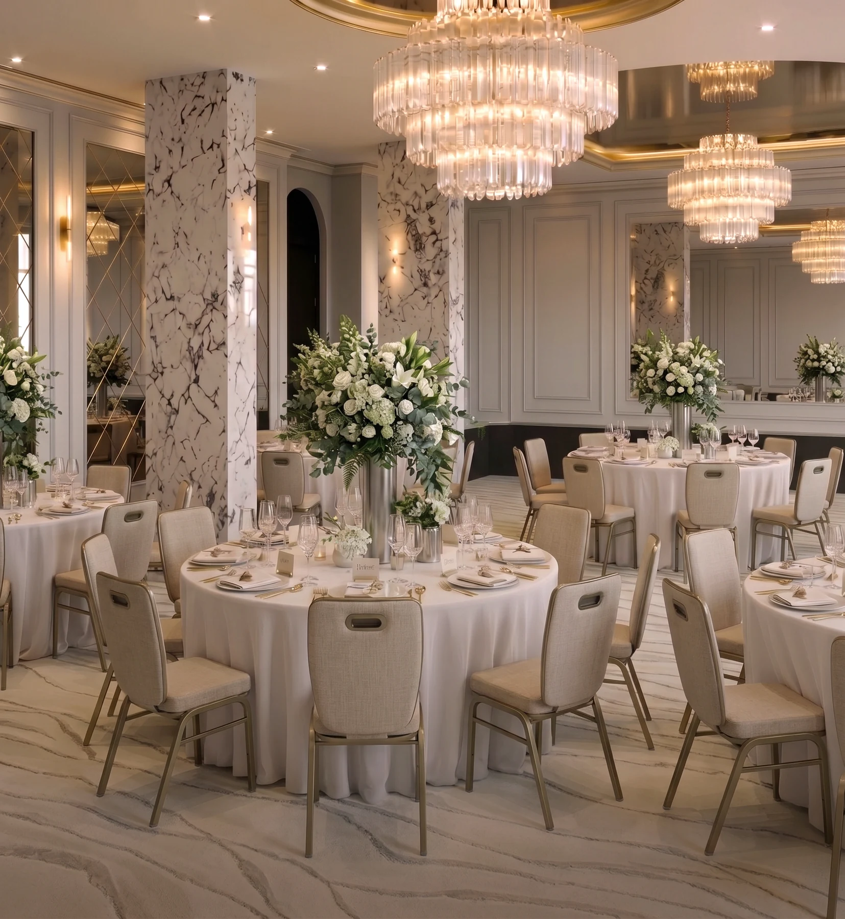 Artist's impression of grand banquet tables with ivory linens, crystal glassware, white floral centrepieces and chandeliers